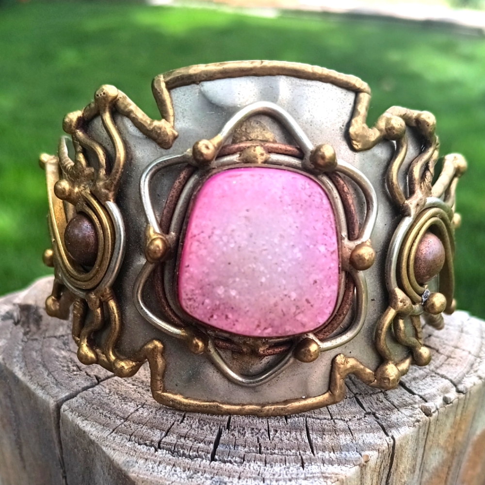 Vtg Mixed Metals Silver Tone Brass Copper Natural Stone Brutalist Cuff Bracelet